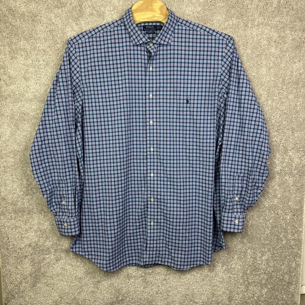 Polo Ralph Lauren Performance Shirt Men 3XLT Tall Blue Check Long Sleeve Preppy